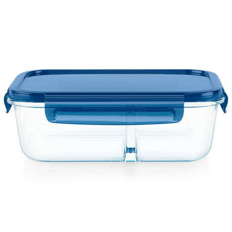 MealBox 5.8-cup Divided Glass Food Storage Container with Blue Lid - side view