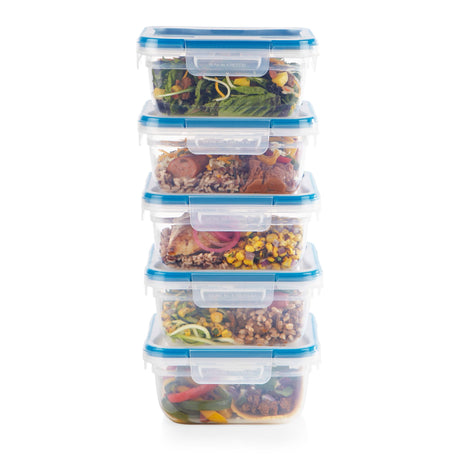  Total Solutions 10-piece 5.5-cup Food Storage Container Set stack on top of each other with food inside each