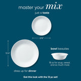  Madeline Embossed dinnerplate, appetizer plates and cereal bowl with dimensions show on them wth text master your mix