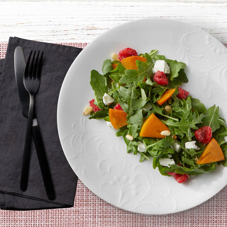  Madeline Embossed Dinnerplate with salad on it