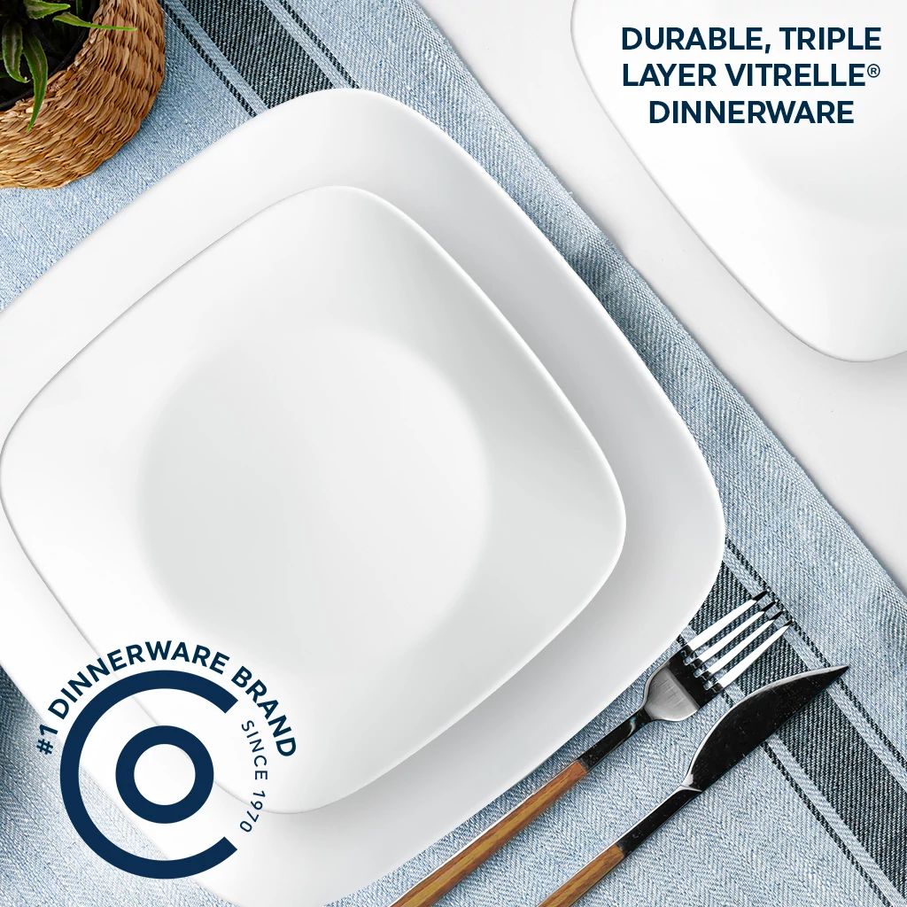  Pure White Square Dinner &amp; Salad Plate with text #1 dinnerware brand &amp; durable triple layer vitrelle dinnerware 