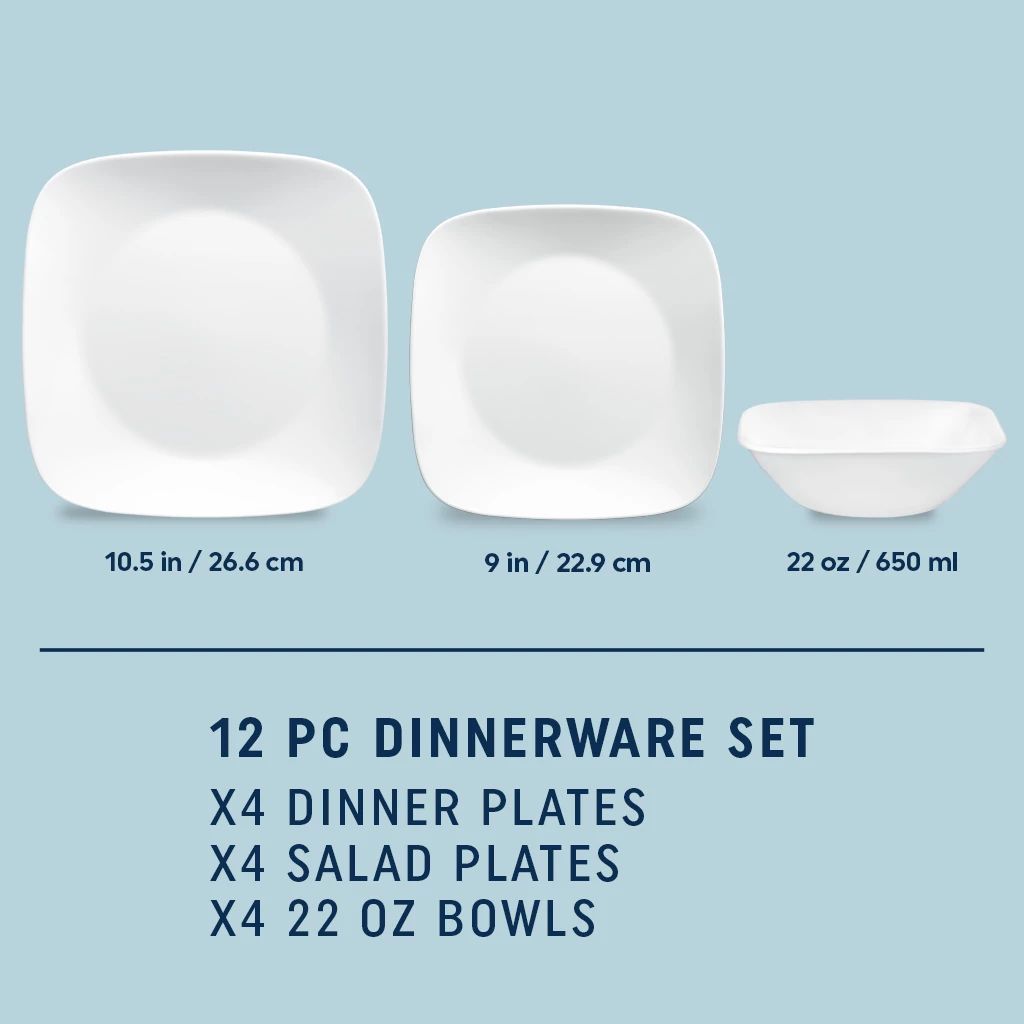  Pure White Square items with text 12pc Dinnerware set includes 4 dinnerplates, salad plates &amp; 22oz bowls