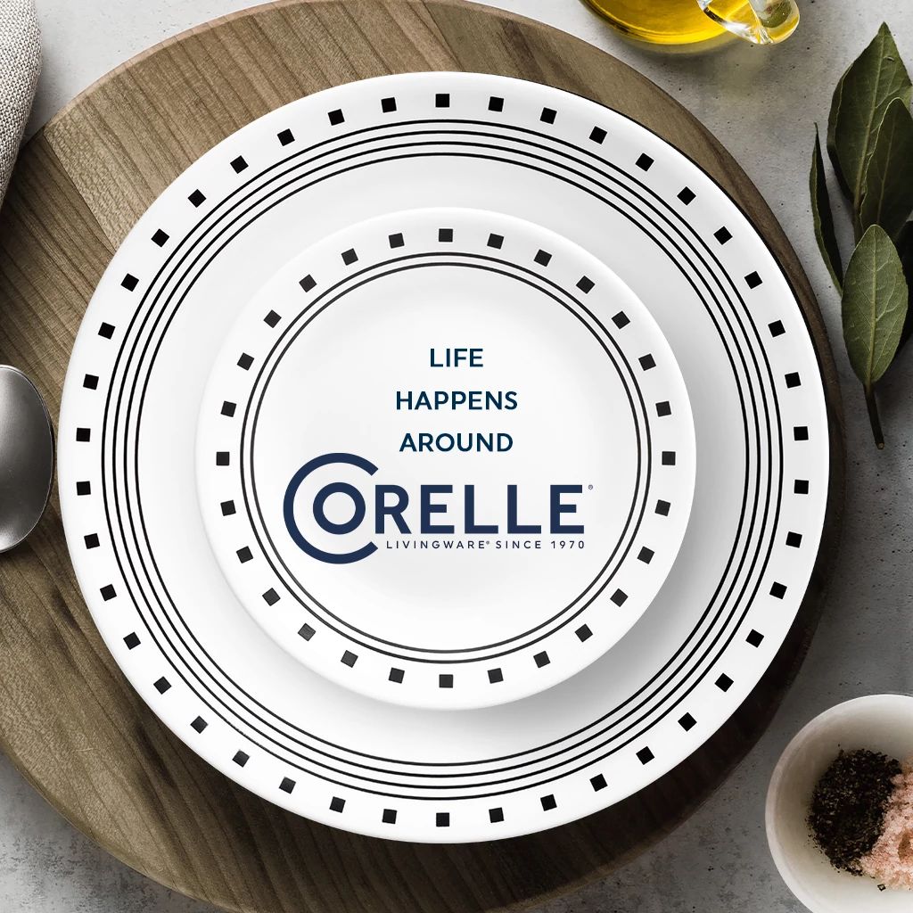  City Block  dinner & appetizer plate with text life happens around corelle