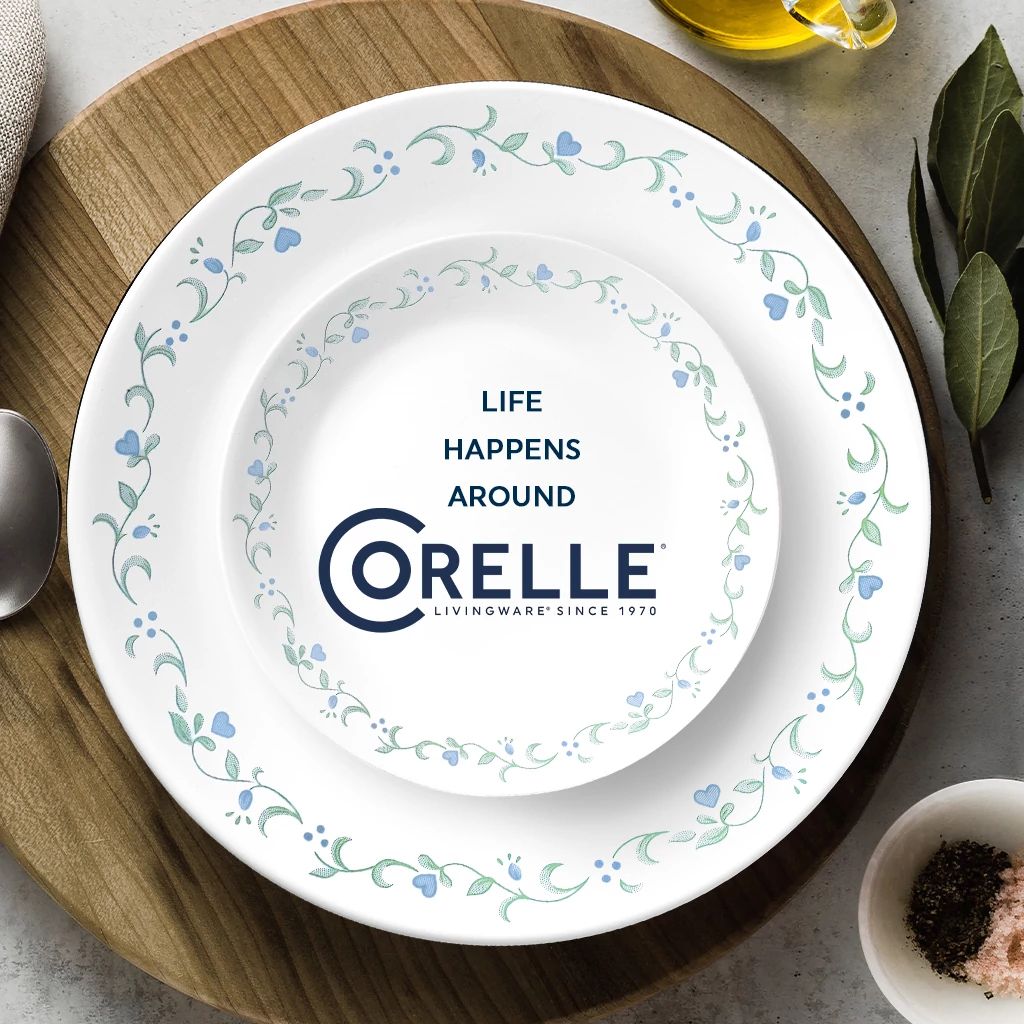  Country Cottage dinner &amp; appetizer plates with text life happens around Corelle