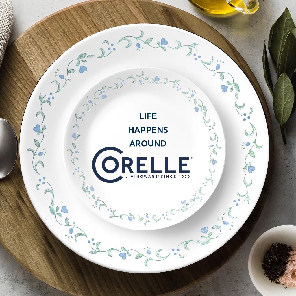  Country Cottage dinner & appetizer plates with text life happens around Corelle