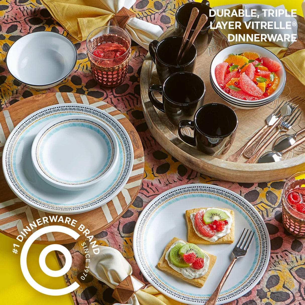  Paloma Dinnerware on table with text durable, triple layer vitrelle dinnerware