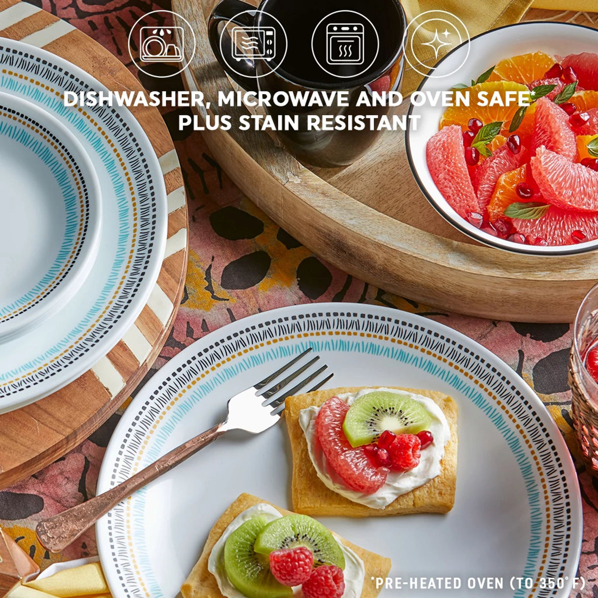  Paloma Dinnerware on table with text dishwasher, microwave &amp; ovensafe plus stain resistant