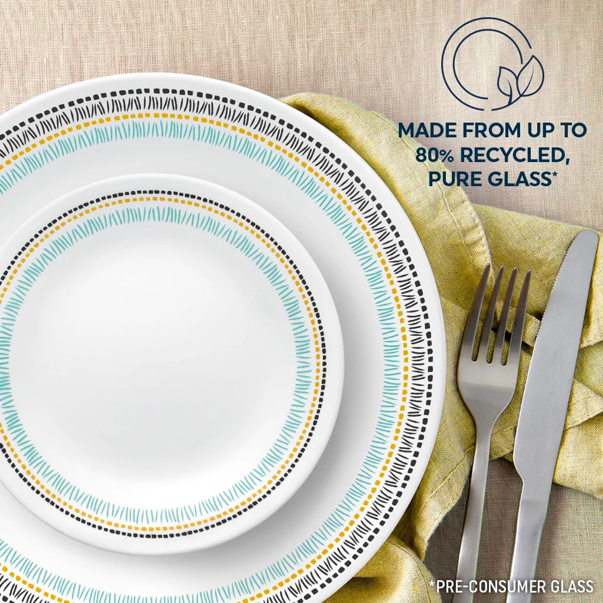 Paloma dinner &amp; appetizer plate on table with text made from up to 80% recycled pure glass