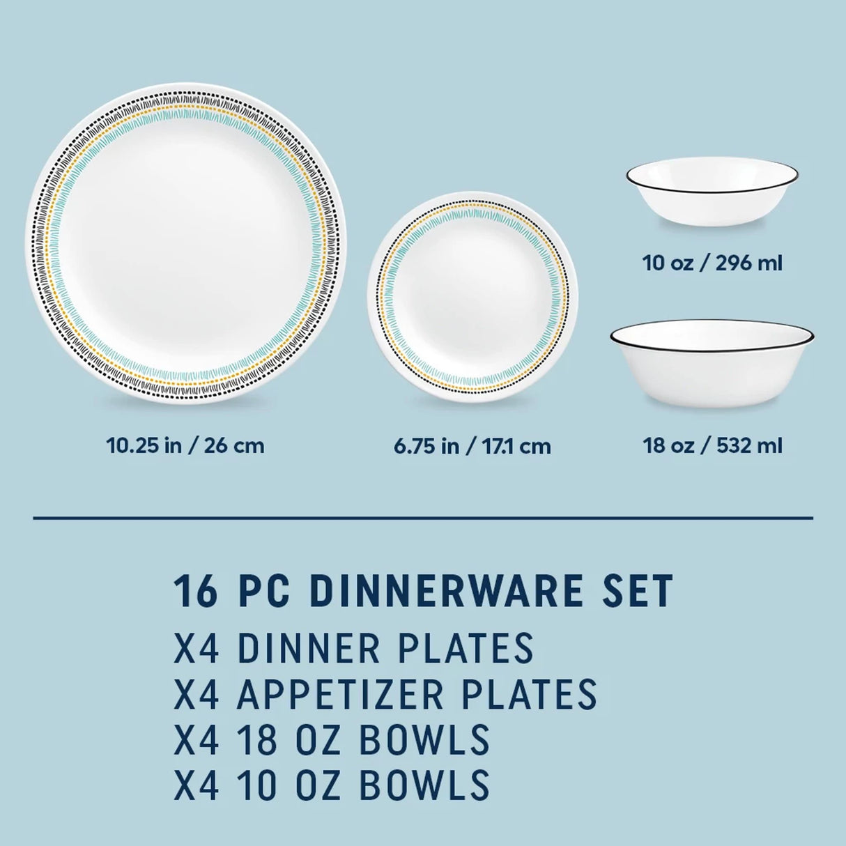  Paloma dinner, appetizer, cereal &amp; condiment with text 16pc Dinnerware set and dimensions of each piece