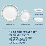 Paloma dinner, appetizer, cereal &amp; condiment with text 16pc Dinnerware set and dimensions of each piece