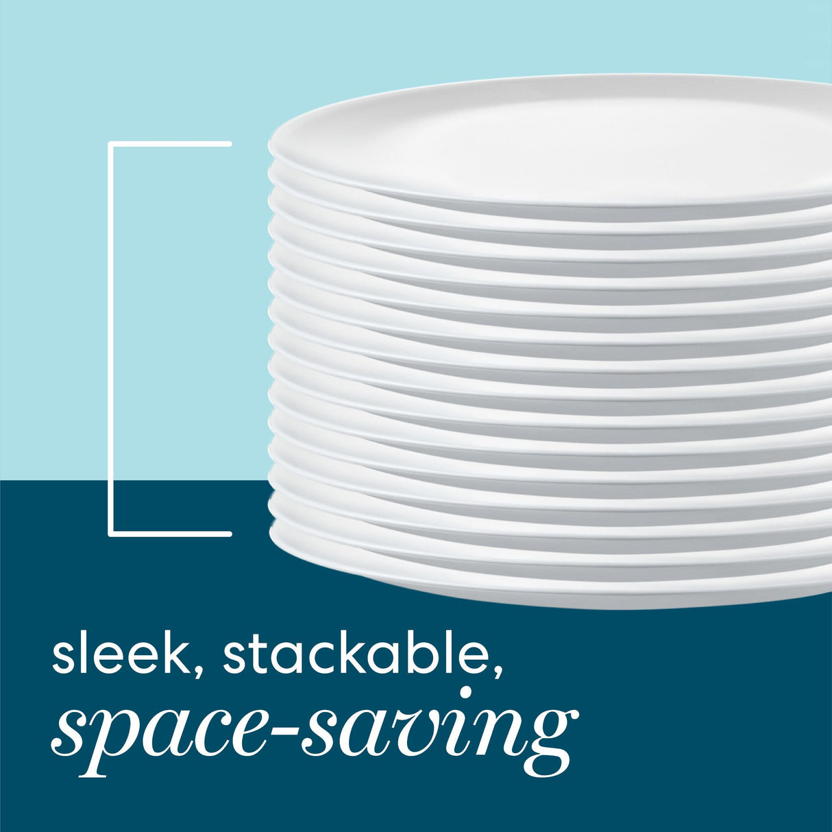  sleek, stackable space saving text with stack of white plates