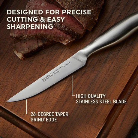  Insignia Steel Steak Knife Set on table with text in photo designed for precise cutting &amp; easy sharpening