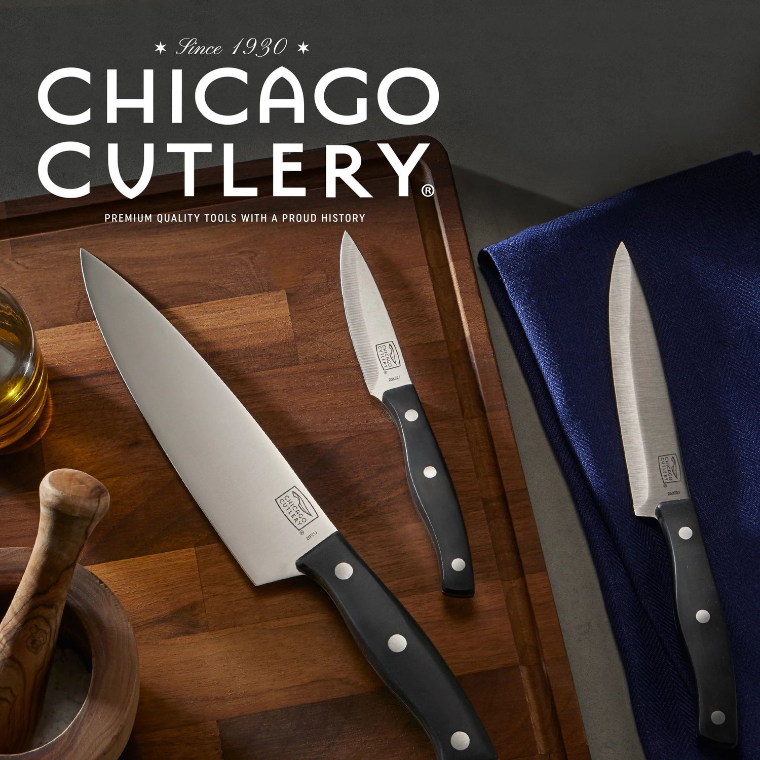  Ellsworth 3-piece Knife Set on cutting board on knife