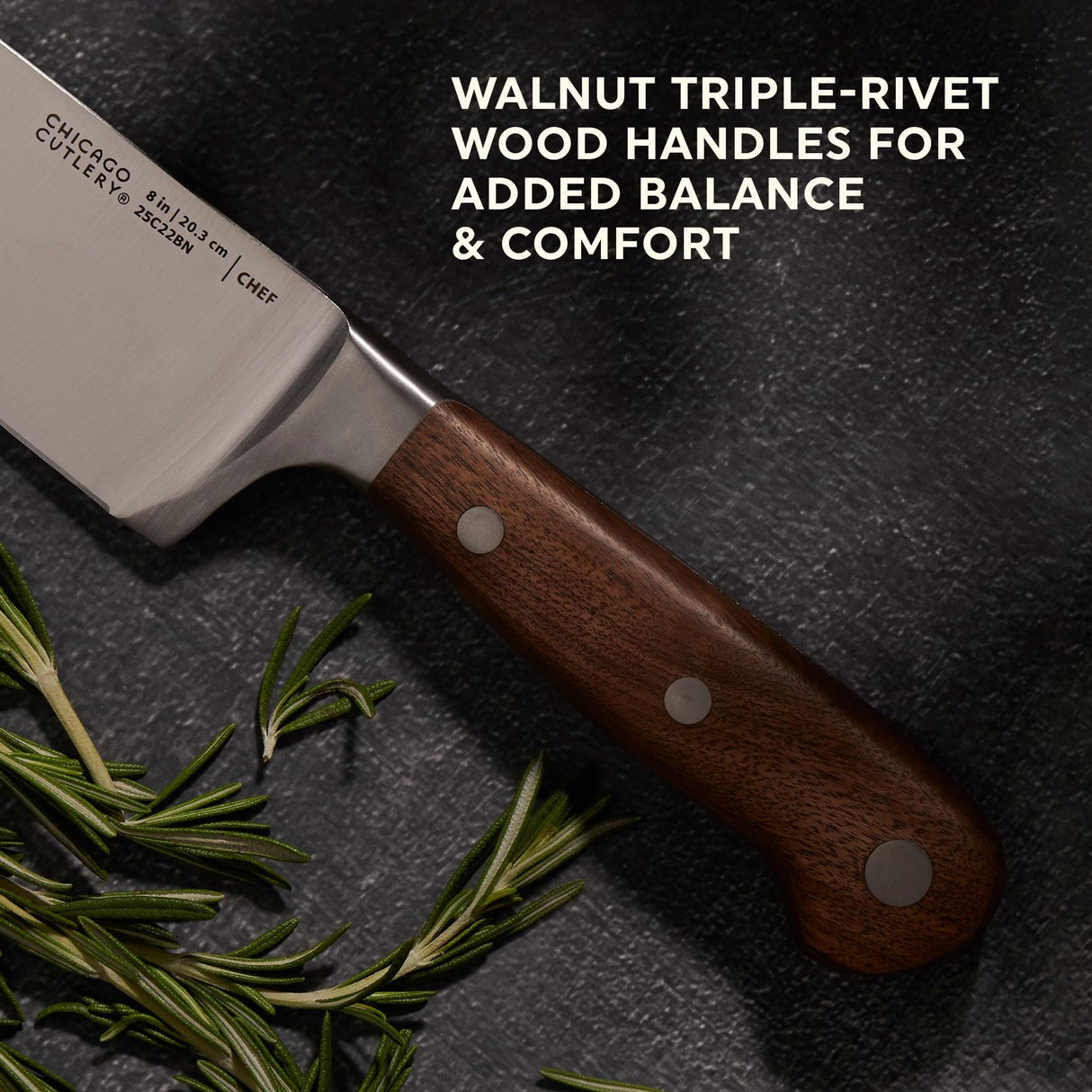  Racine Chef knife with text Walnut triple-rivet wood handles for added balance &amp; comfort
