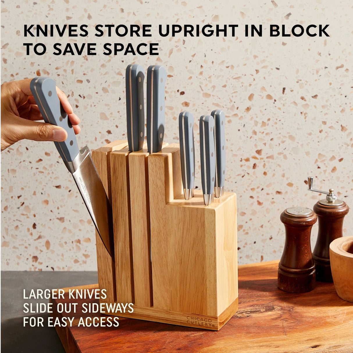  Halsted 7-piece Modular Block Set on the counter with text knives store upright in block to save space