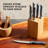  Halsted 7-piece Steak Knife Set on counter with text knives store upright in block to save space
