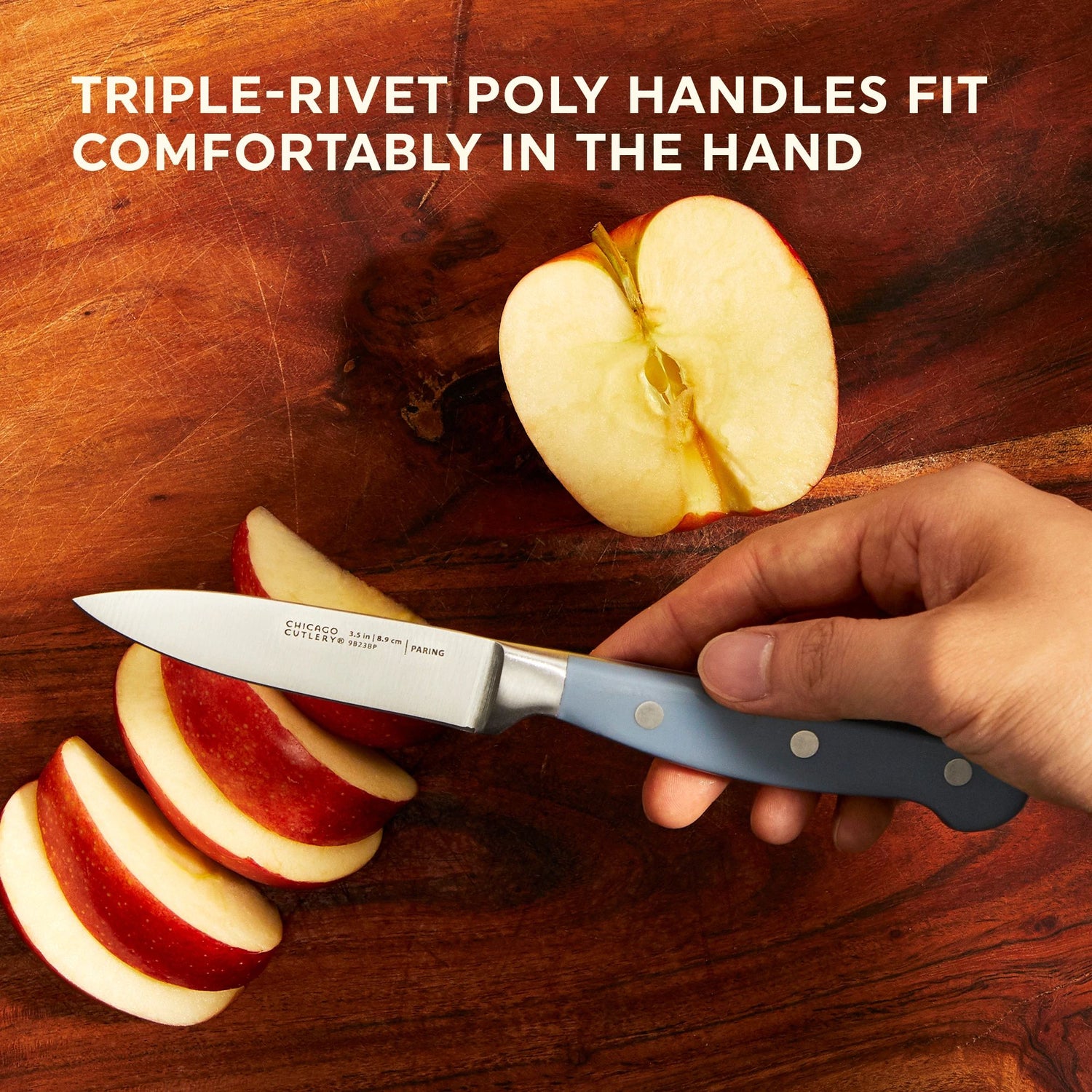  Halsted Paring Knife with text triple-rivet poly handles fit comfortably in the hand