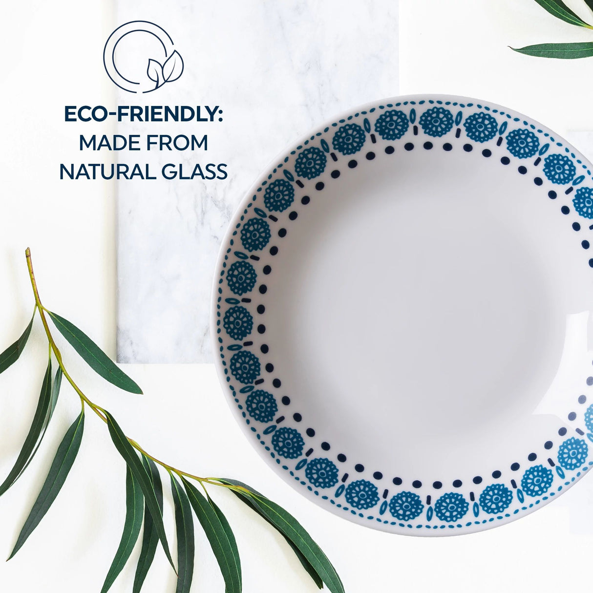  Azure Medallion 30-ounce Meal Bowl with eco friendly made from natural glass text 