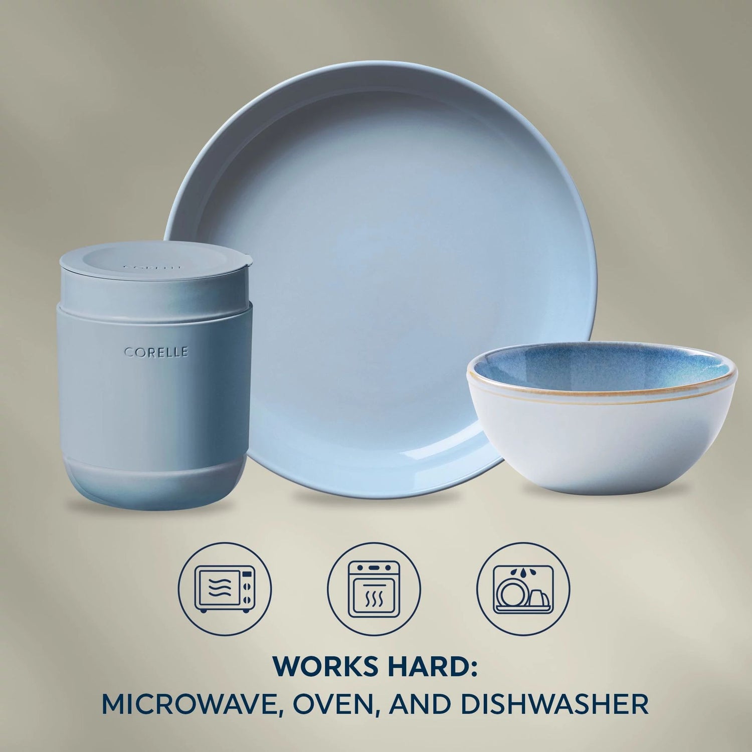  Nordic Blue Dinnerware pieces with Text that says: Works hard: Microwave, oven and dishwasher safe