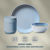  Nordic Blue Dinnerware pieces with Text that says: Works hard: Microwave, oven and dishwasher safe