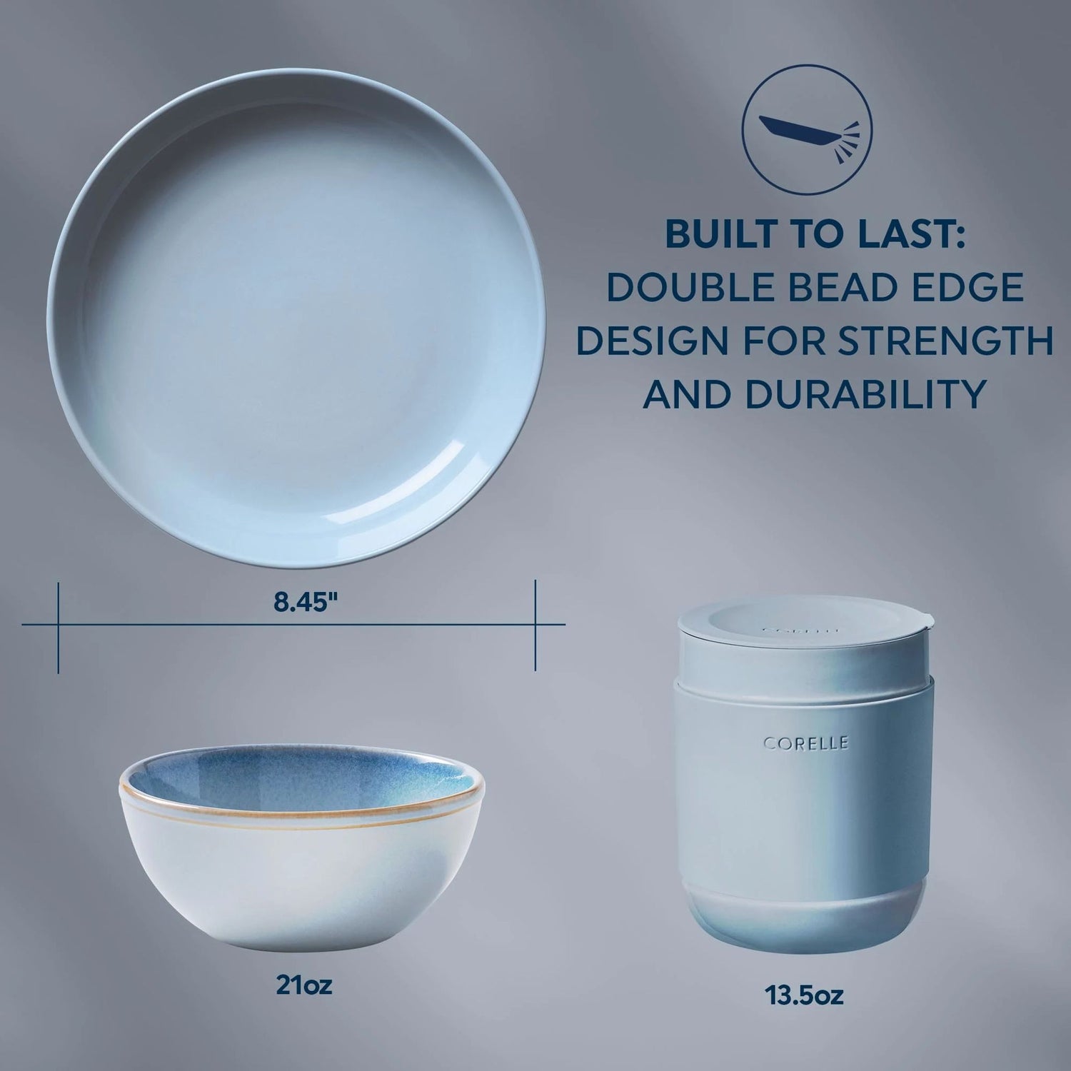  Nordic Blue Dinnerware pieces with Text that says: Built to last: Double bead edge design for strength and durability