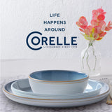  Nordic Blue Dinnerware pieces with Text that says: Life happens around Corelle, Livingware since 1970