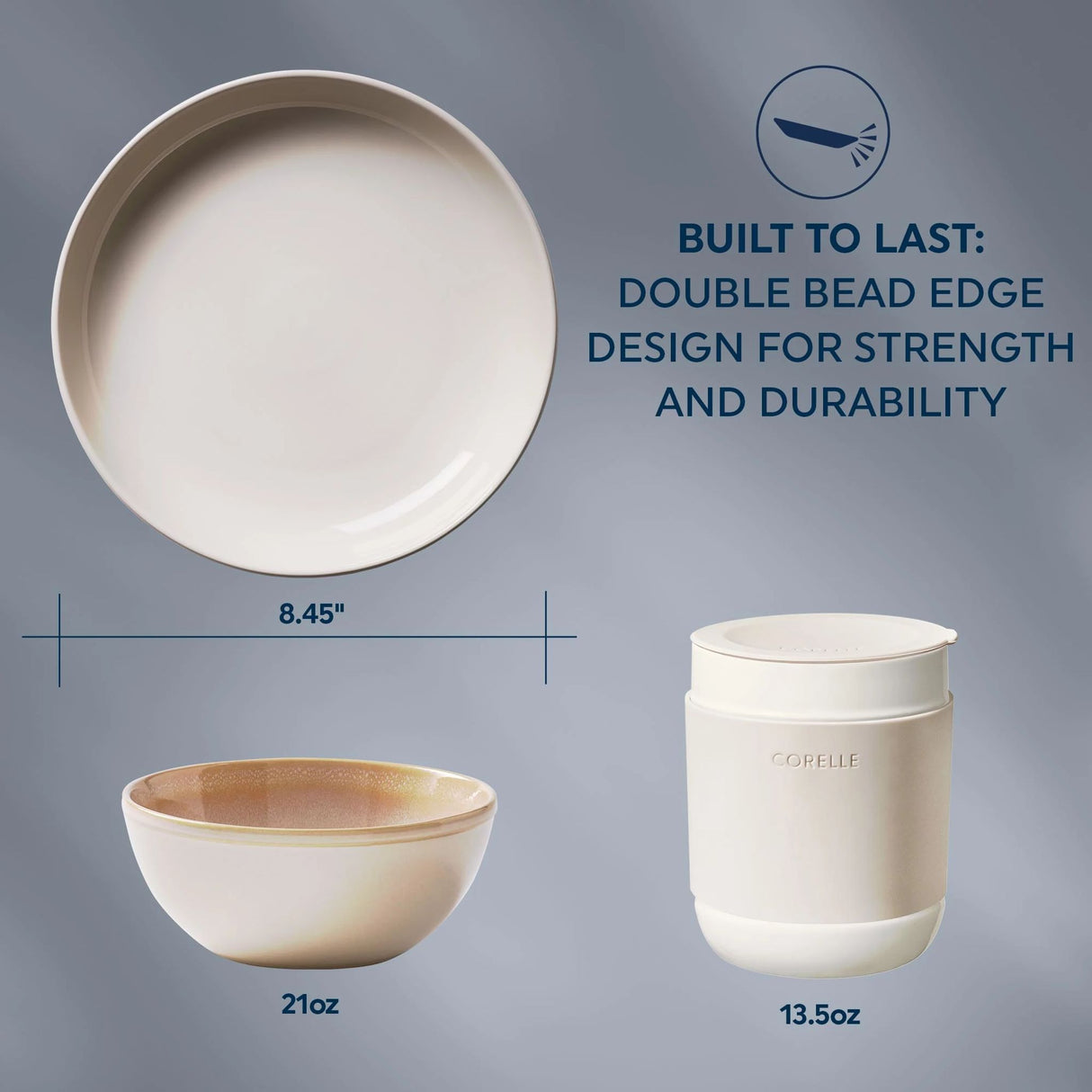  Text that says: Built to last: Double bead edge design fr stroength and durability