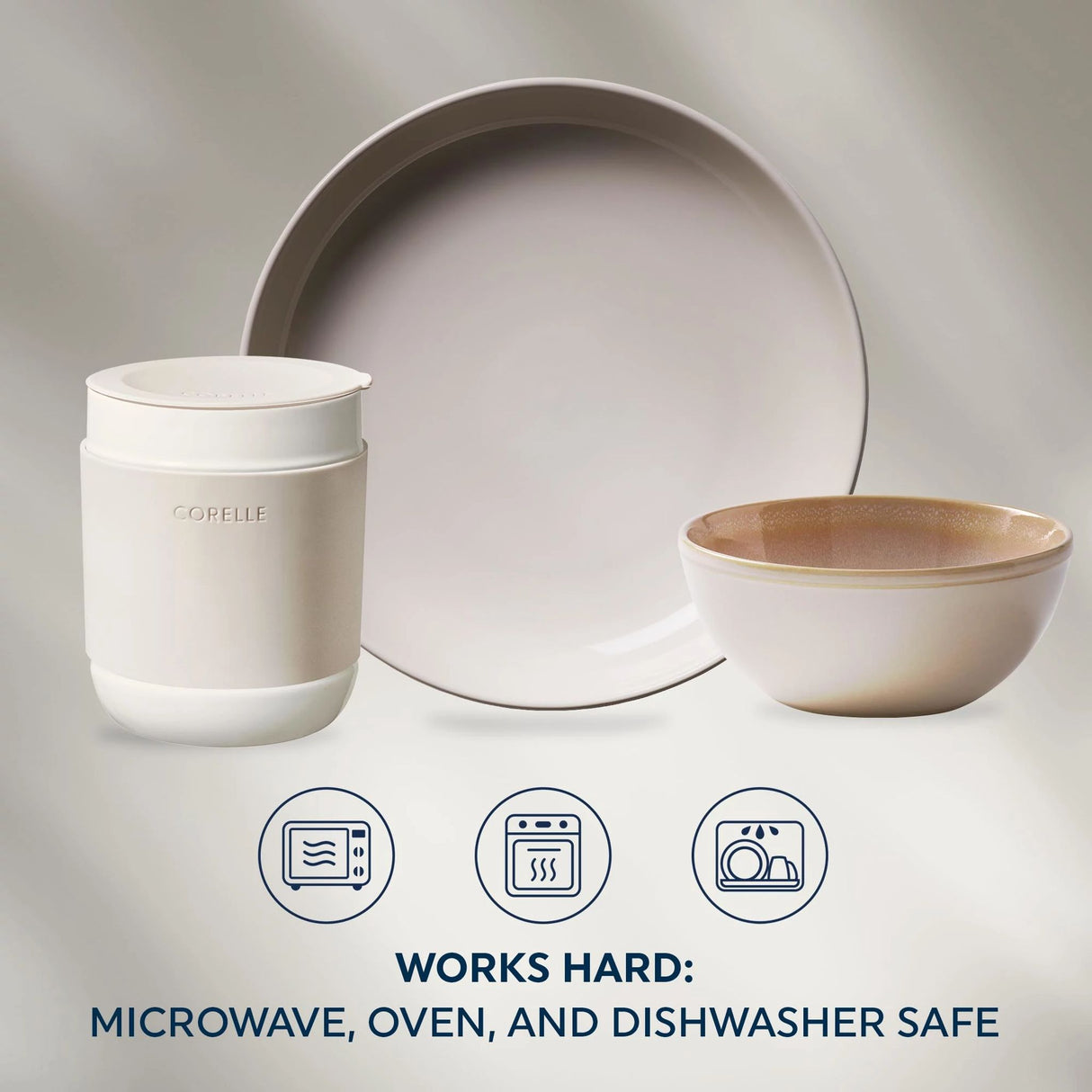  Text that says: Works hard: Microwave, oven and dishwasher safe