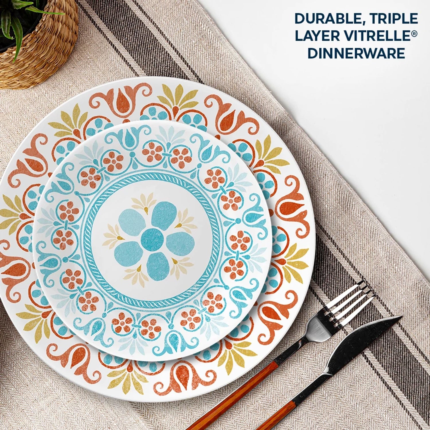  Terracotta Dreams Dinnerplate & salad plate on the table with text: durable, triple layer vitrelle dinnerware