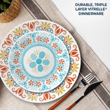  Terracotta Dreams Dinnerplate &amp; salad plate on the table with text: durable, triple layer vitrelle dinnerware