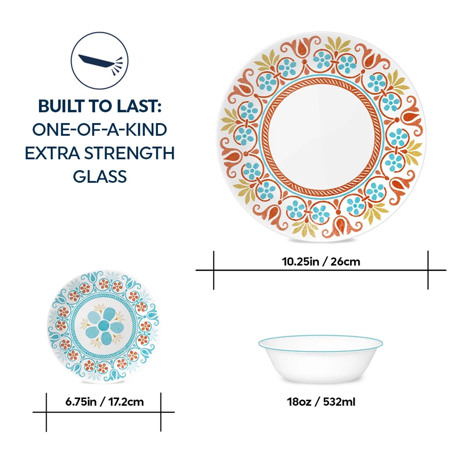  Terracotta Dreams Dinnerplate & salad plate on the table with text: built to last one of a kind extra strength glass