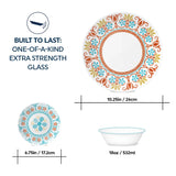  Terracotta Dreams Dinnerplate &amp; salad plate on the table with text: built to last one of a kind extra strength glass