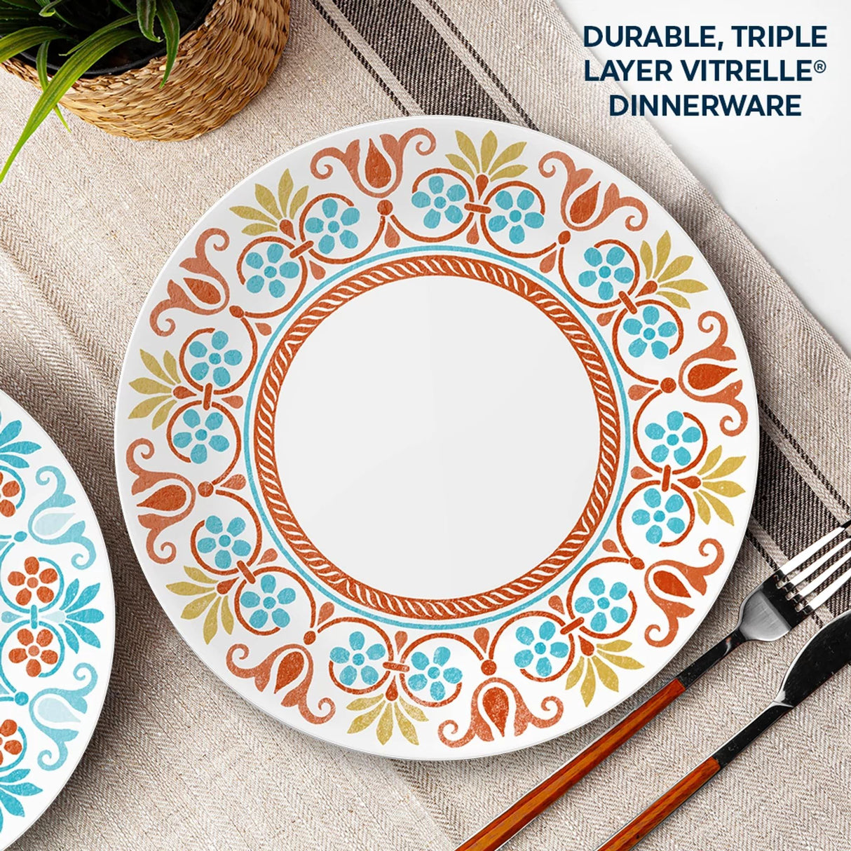  Terracotta Dreams Dinner plate on the table with text: durable, triple layer vitrelle dinnerware