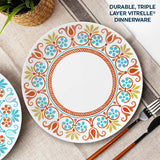  Terracotta Dreams Dinner plate on the table with text: durable, triple layer vitrelle dinnerware
