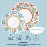  Terracotta Dreams dinnerset pieces on table with text: works hard microwave,dishwasher &amp; preheated ovensafe &amp; stain resistant