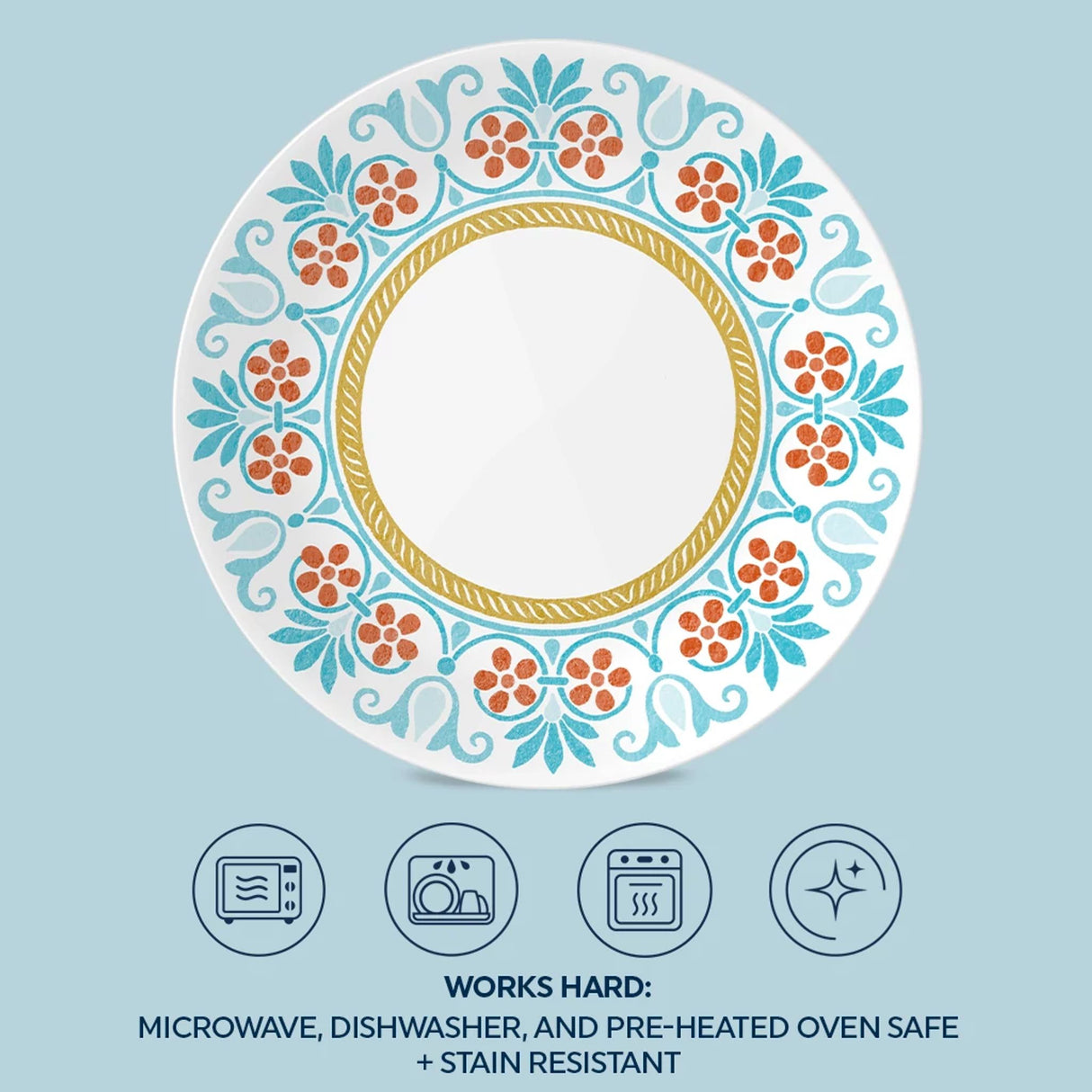  Terracotta Dreams 8.5" Salad Plate with text works hard microwave, dishwasher &amp; preheated ovensafe &amp; stain resistant
