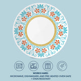  Terracotta Dreams 8.5" Salad Plate with text works hard microwave, dishwasher &amp; preheated ovensafe &amp; stain resistant