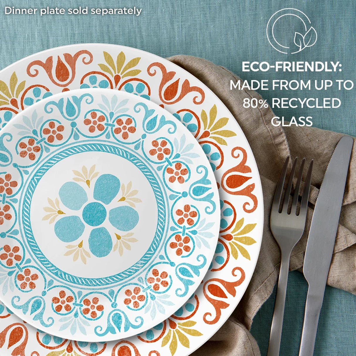  Terracotta Dreams 6.75” Appetizer Plate text that says eco-friendly made from up to 80% recycled glass