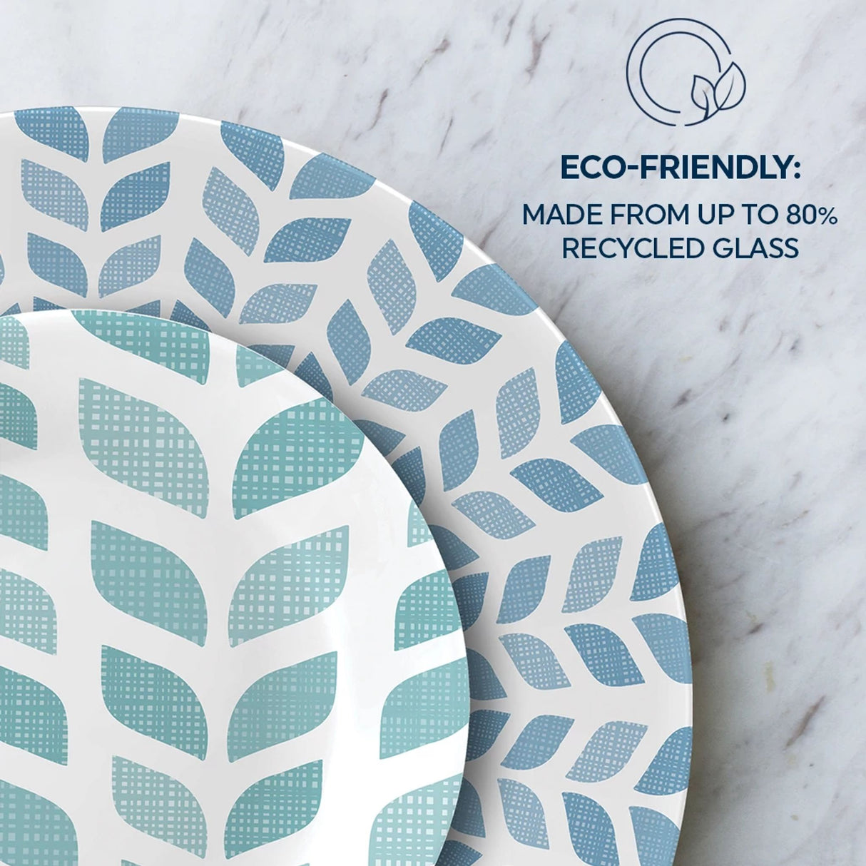  Northern Pines Dinner &amp; Appetizer plates with text eco-friendly made from up to 80% recycled glass