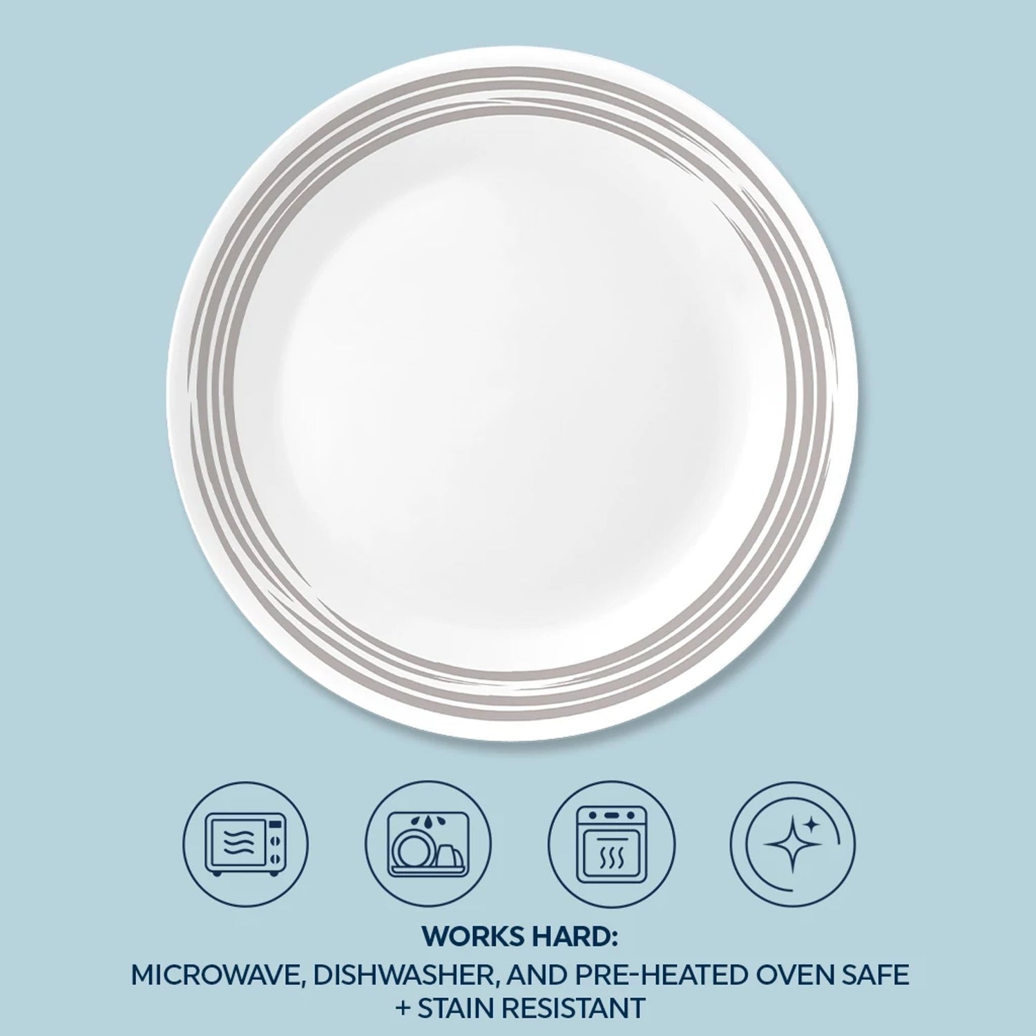  brushed silver salad plate with text that says works hard microwave, dishwahser & preheated ovensafe & stain resistant