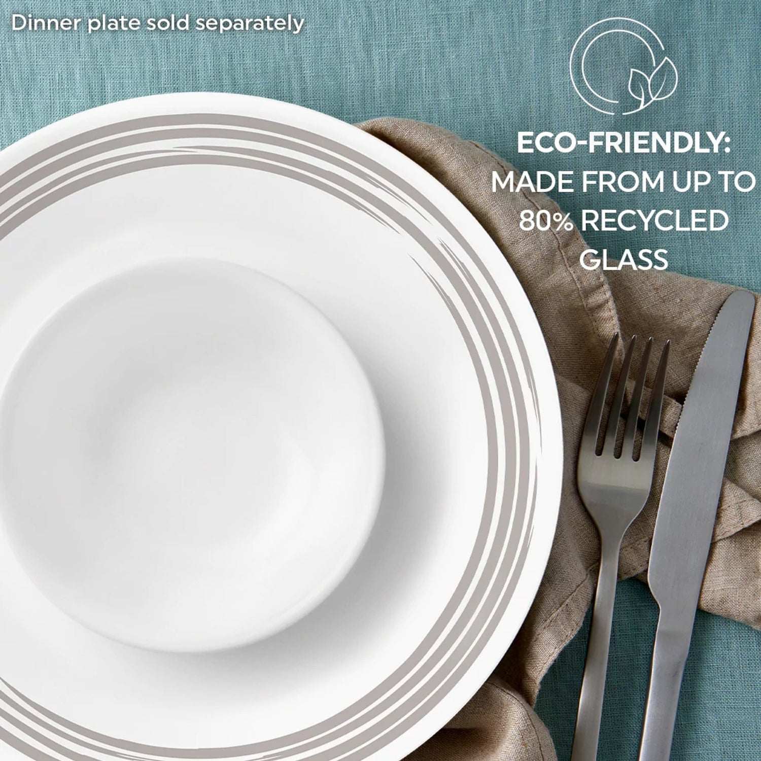  Brushed Silver 18-oz cereal bowl on dinner plate text eco-friendly 80% recycled glass