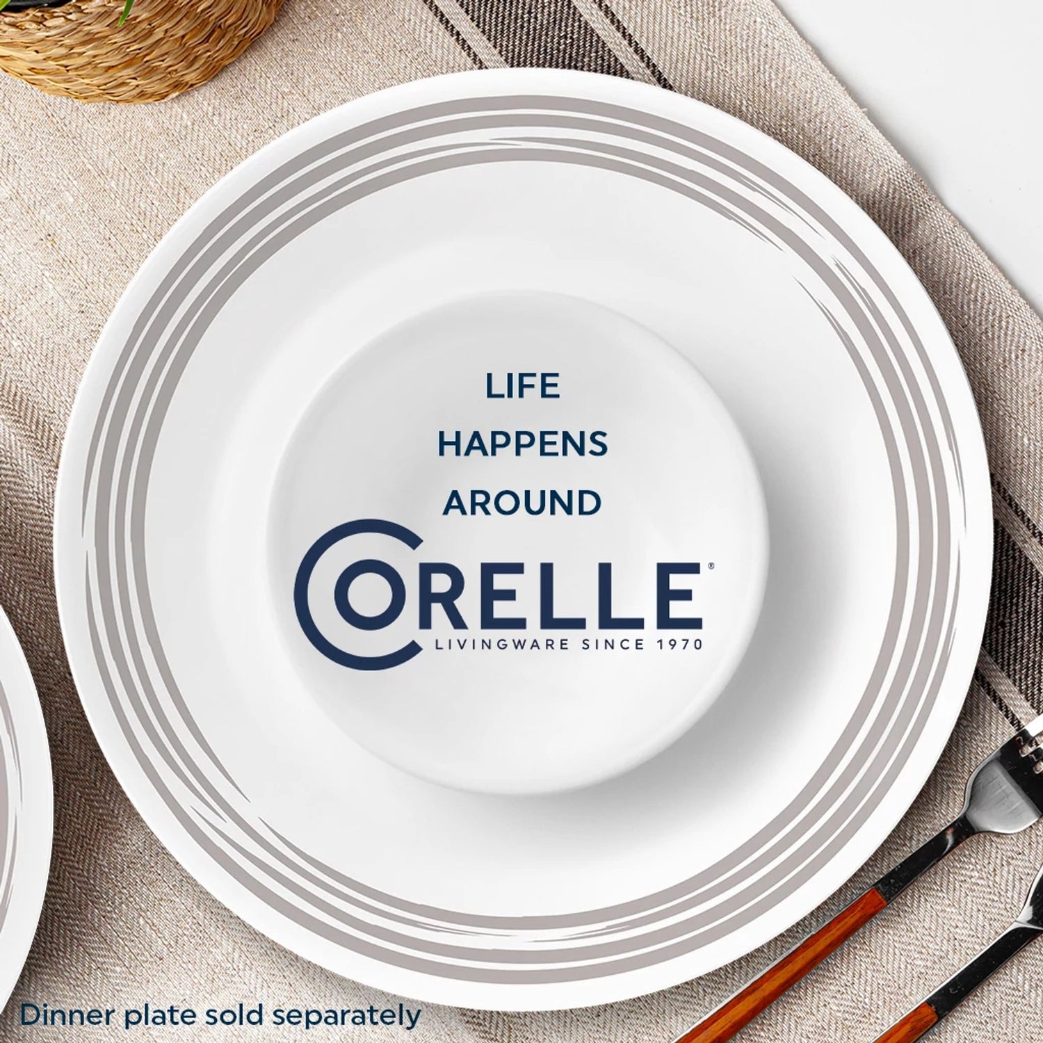  Brushed Silver 18-oz cereal bowl on dinnerplate with text life happens around Corelle