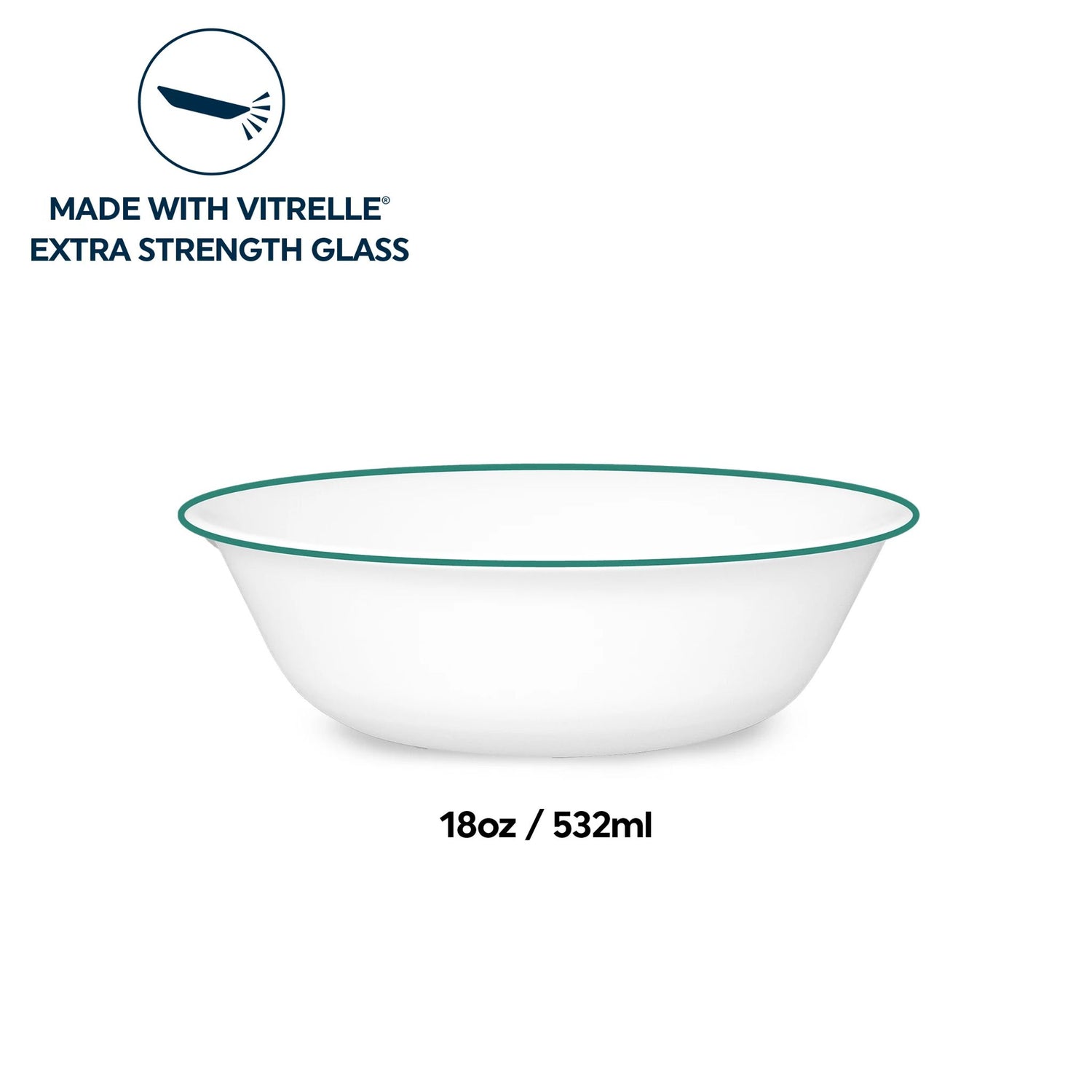 Solar Print 18-ounce white cereal bowl with green rim; text that says made with vitrelle extra strength glass