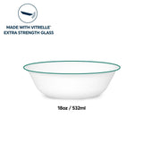  Solar Print 18-ounce white cereal bowl with green rim; text that says made with vitrelle extra strength glass