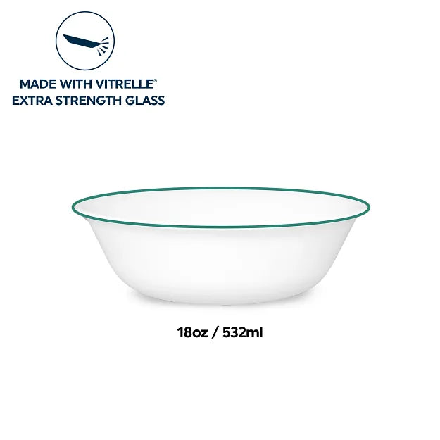  Solar Print 18-ounce white cereal bowl with green rim; text that says made with vitrelle extra strength glass