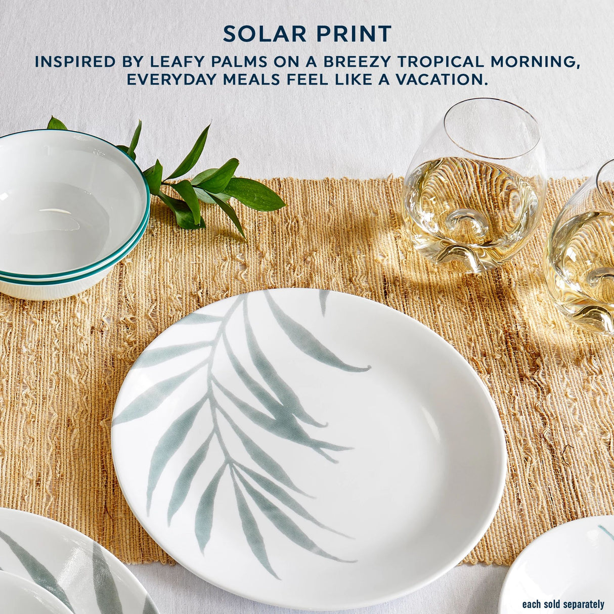  image displaying all Solar print plates &amp; bowls with text inspired by leafy palms on a breezy tropical morning