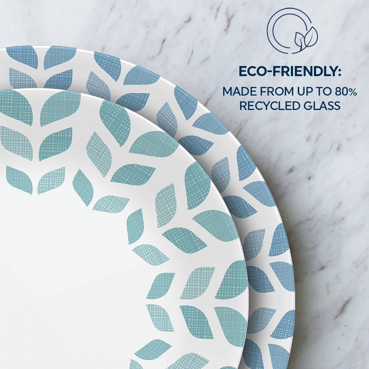  Northern Pines dinner &amp; salad plate with text that says eco-friendly made from up to 80% recycled glass