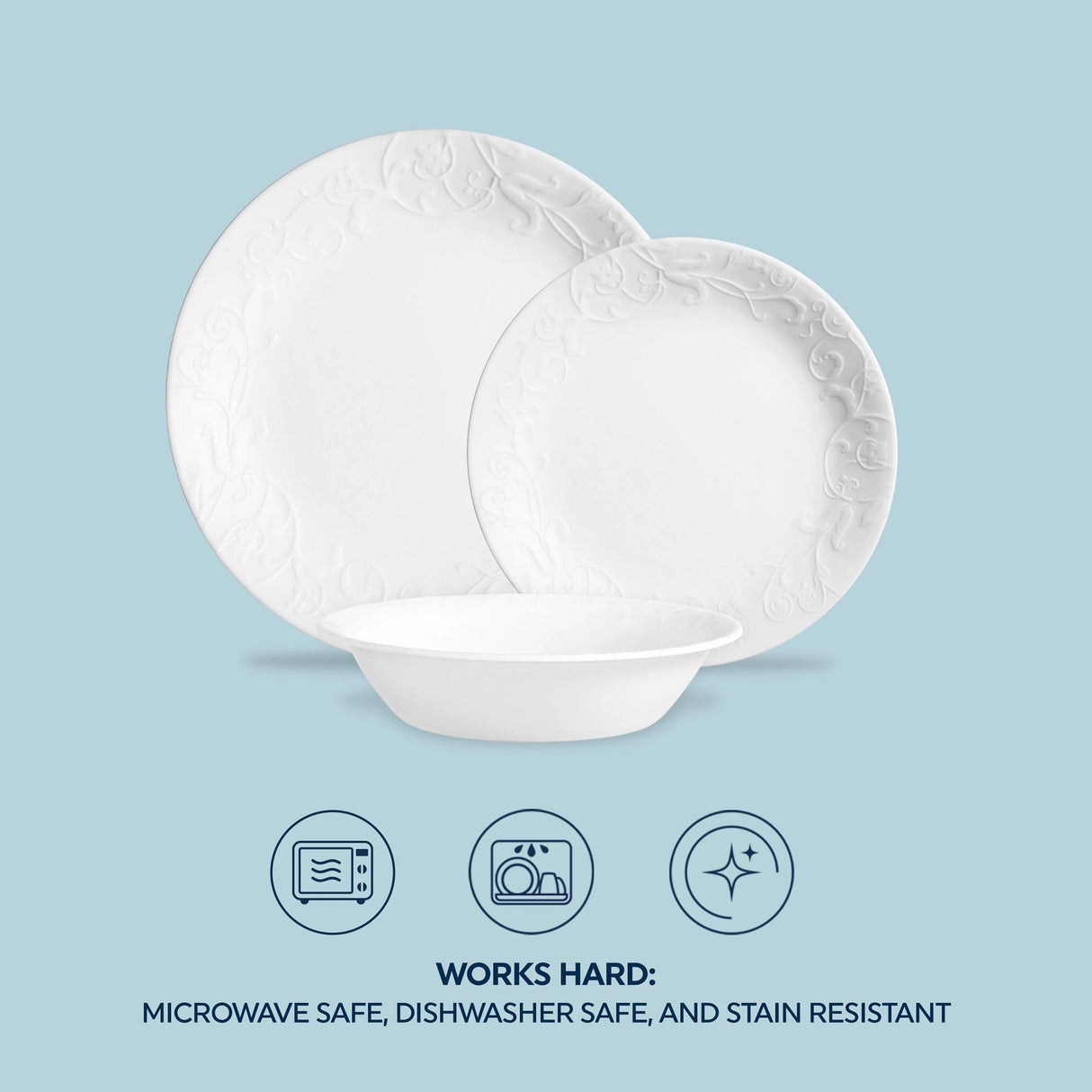  Bella Faenza dinnerplate, lunch plate and cereal bowl with text works hard microwave dishwasher safe &amp; stain resistant