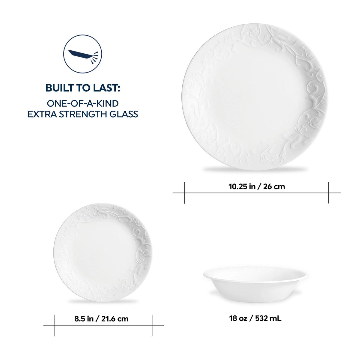  Bella Faenza dinnerplate, lunch plate and cereal bowl with text built to last one of a kind extra strength glass