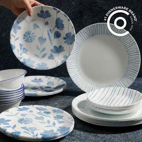 Botanical Stripes Dinnerware set on table top with text #1 Dinnerware Brand